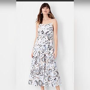 Ann Klein White Blue Black Floral Spaghetti Strap Tiered Midi Dress Medium